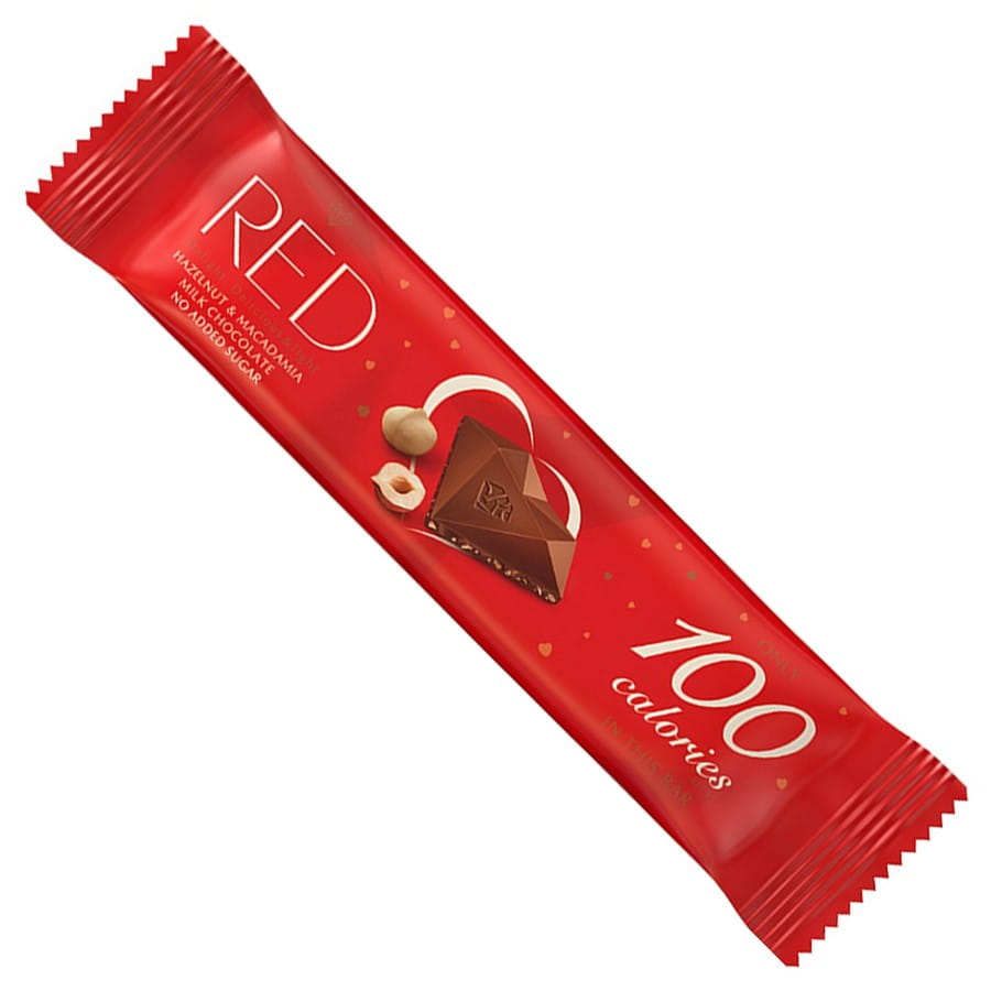 Tablette de chocolat au lait aux noisettes et noix de macadamia sans sucre ajouté seulement 100 calories 26g RED DELIGHT