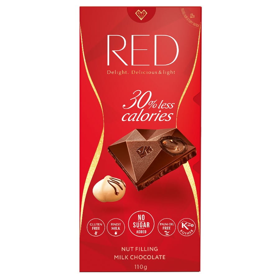 Chocolat au lait fourré aux noix 30% moins de calories 110g RED DELIGHT