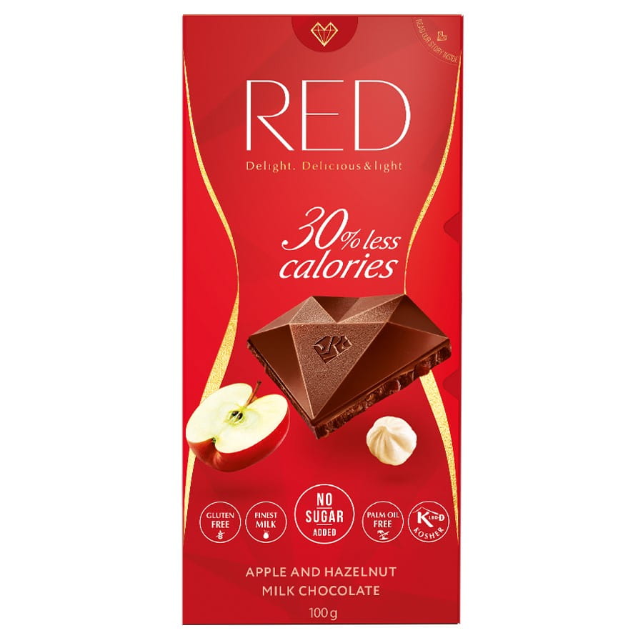 Chocolat au lait pomme et noix 30% moins de calories 100g RED DELIGHT