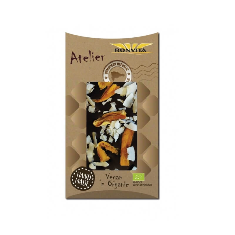 Chocolat amer à la mangue séchée et flocons de noix de coco sans gluten BIO 90 g - BONVITA