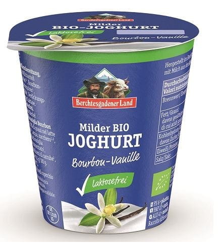 YAOURT À LA VANILLE À FAIBLE TENEUR EN LACTOSE (3,9 % DE MATIÈRES GRASSES DANS LE LAIT) BIO SANS GLUTEN 150 g - BERCHTESGADENER LAND