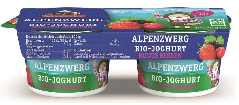 YAOURT AUX FRUITS DES FORÊTS (3,9 % DE MATIÈRES GRASSES DANS LE LAIT) BIO SANS GLUTEN (2 x 100 g) 200 g - BERCHTESGADENER LAND