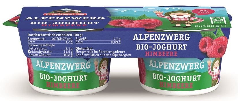 YAOURT À LA FRAMBOISE (3,9 % DE MATIÈRES GRASSES DANS LE LAIT) BIO SANS GLUTEN (2 x 100 g) 200 g - BERCHTESGADENER LAND