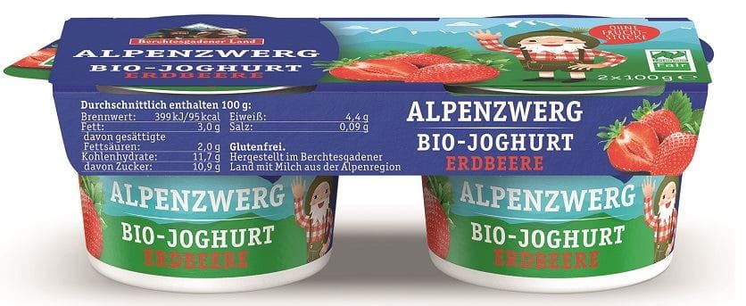 YAOURT AUX FRAISES (3,9% DE MIGRES DANS LE LAIT) BIO SANS GLUTEN (2 x 100 g) 200 g - BERCHTESGADENER LAND