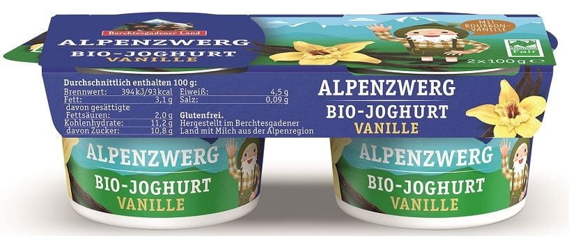 YAOURT À LA VANILLE (3,9 % DE MATIÈRES GRASSES DANS LE LAIT) BIO SANS GLUTEN (2 x 100 g) 200 g - BERCHTESGADENER LAND