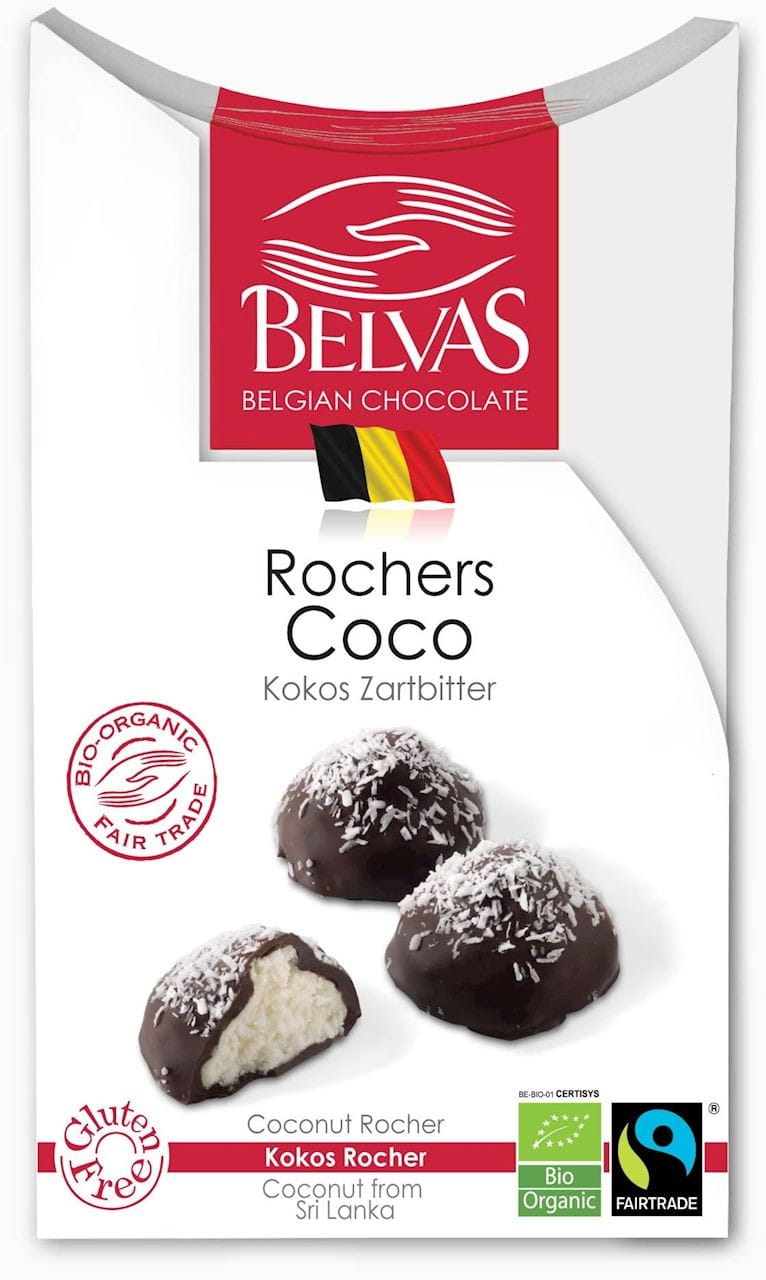 Chocolats belges fourrés à la noix de coco, équitables sans gluten BIO 100 g - BELVAS